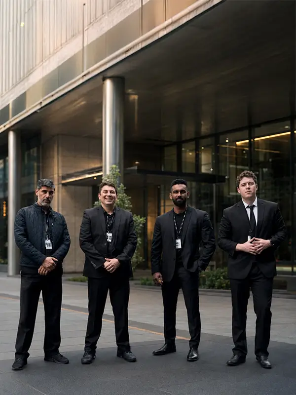 Licensed security guards from North Security Services Melbourne outside a commercial building