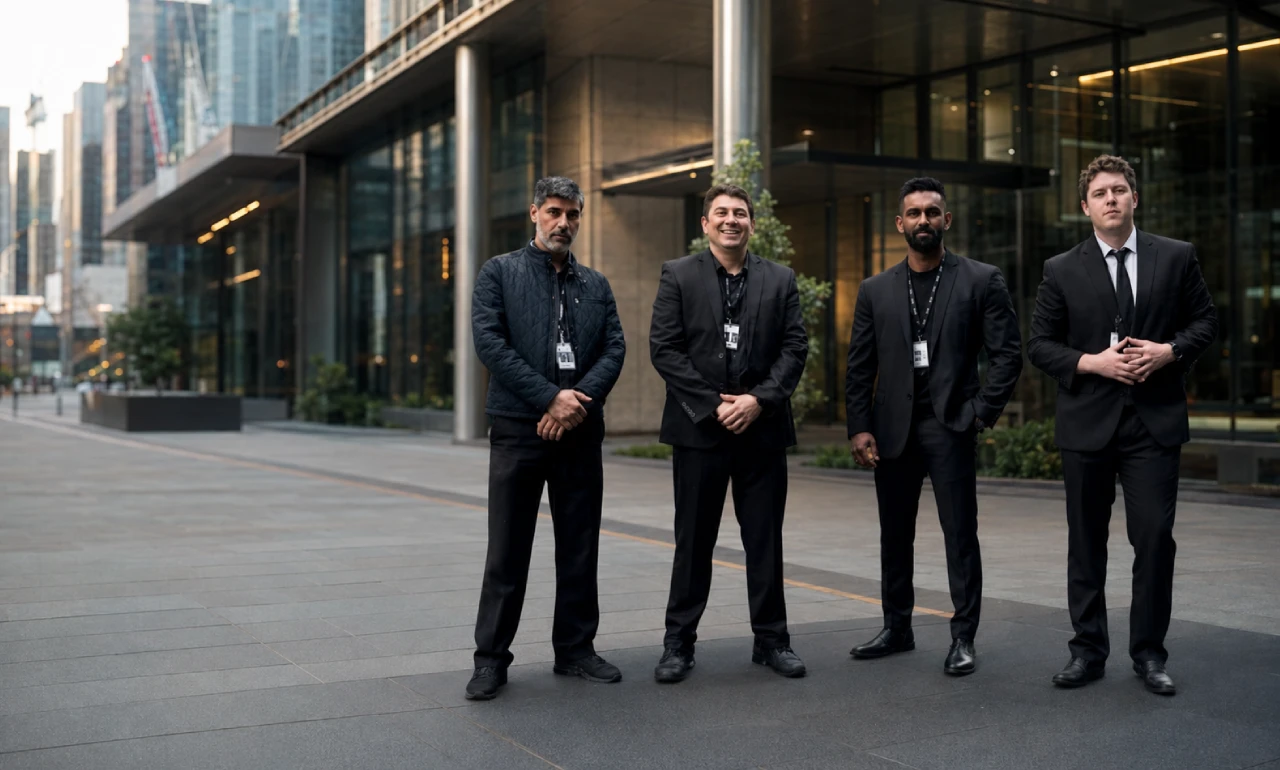 Licensed security guards from North Security Services Melbourne outside a commercial building